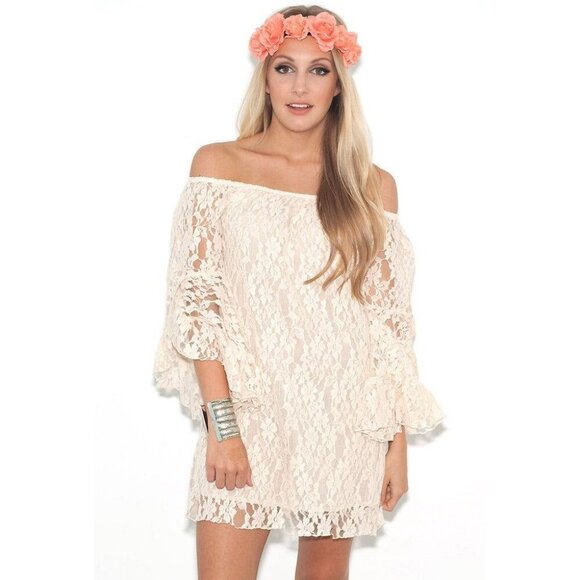 Elan Floral Lace Off-Shoulder Boho Tunic  Women's Mini Dress Size Medium - Picture 1 of 6
